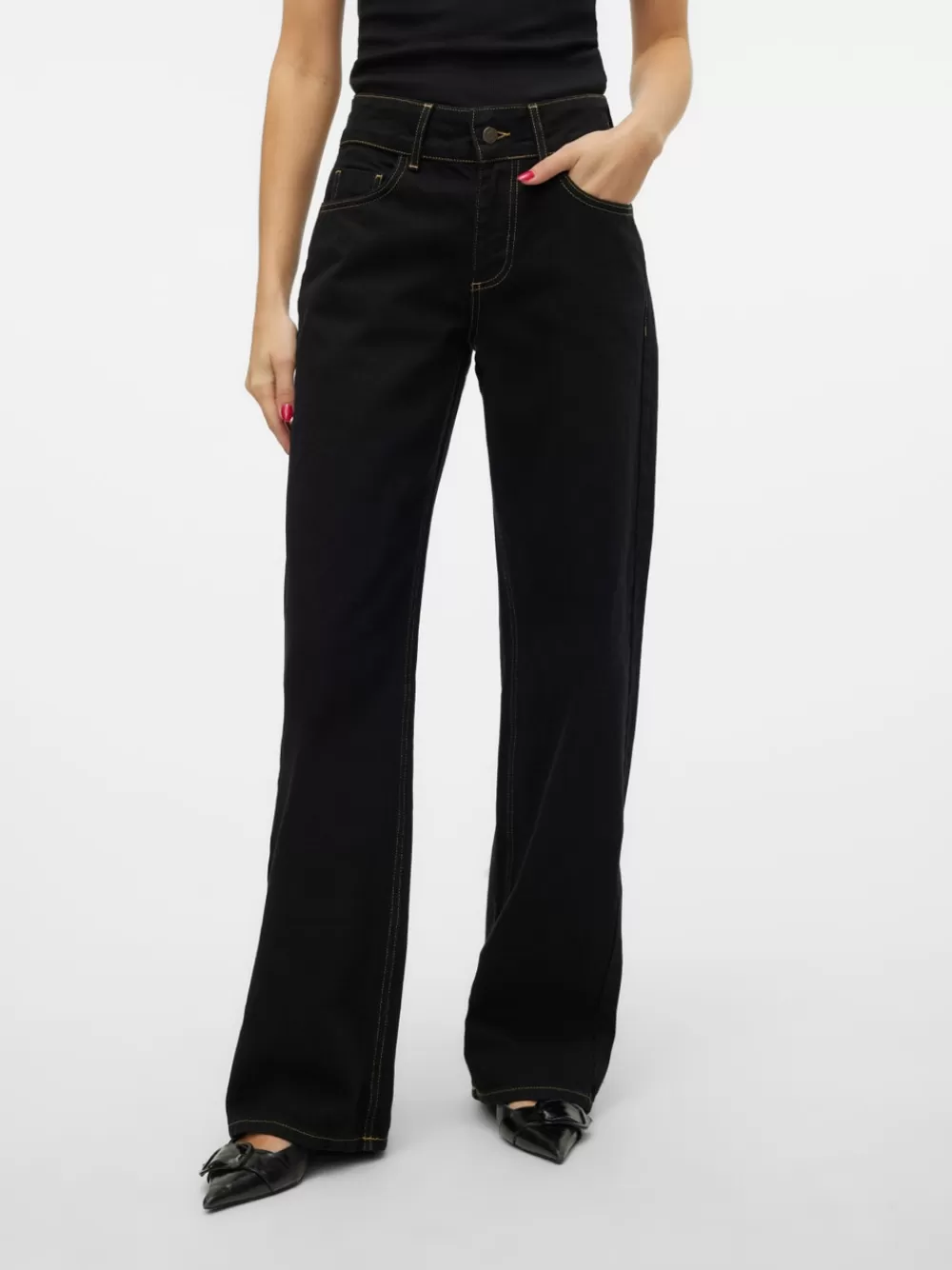 VERO MODA SNRANCY Normaali vyötärö Wide fit Farkut Black Denim Outlet