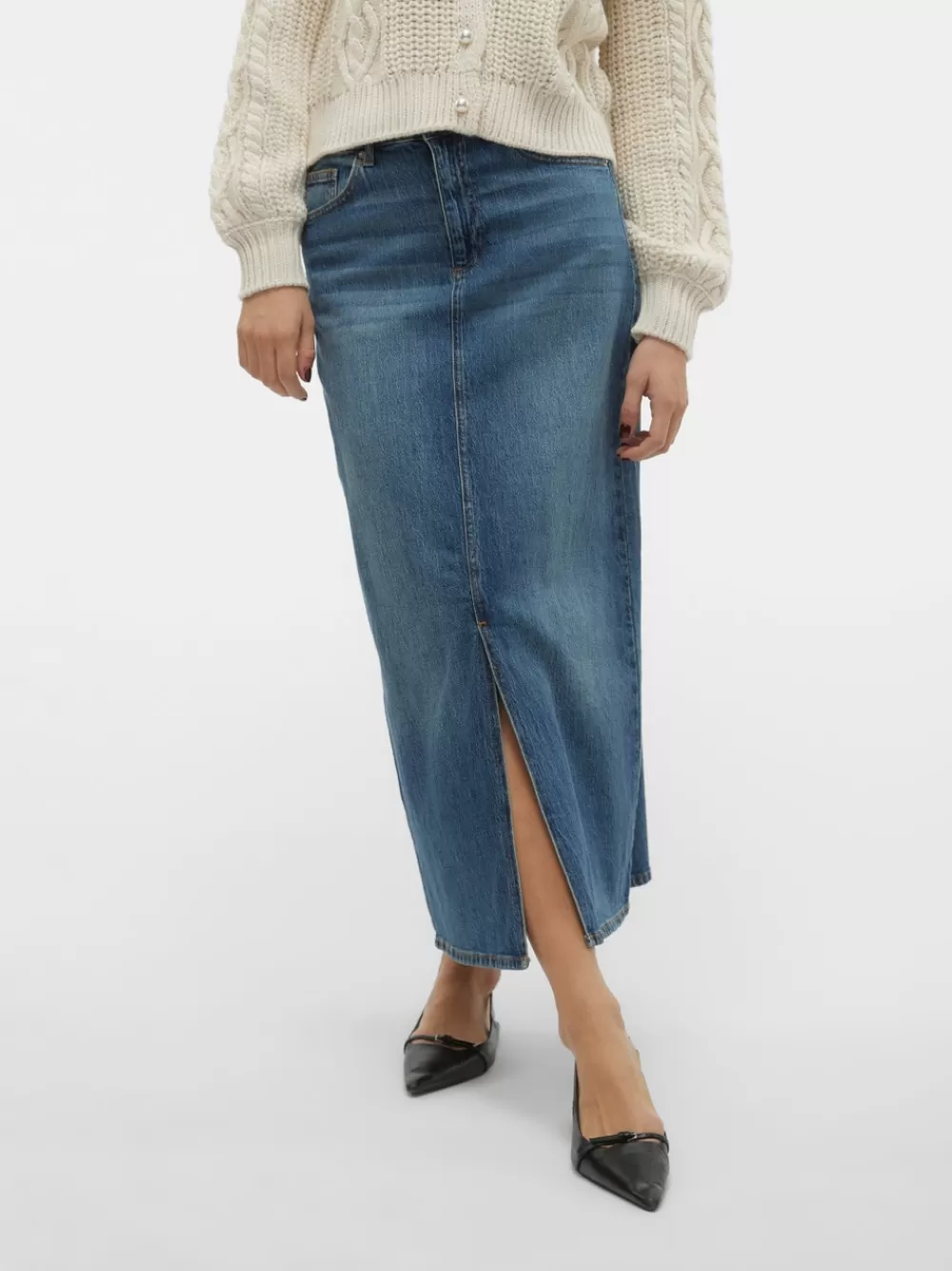 VERO MODA VMTESSA Korkea vyötärö Pitkä hame Medium Blue Denim Cheap