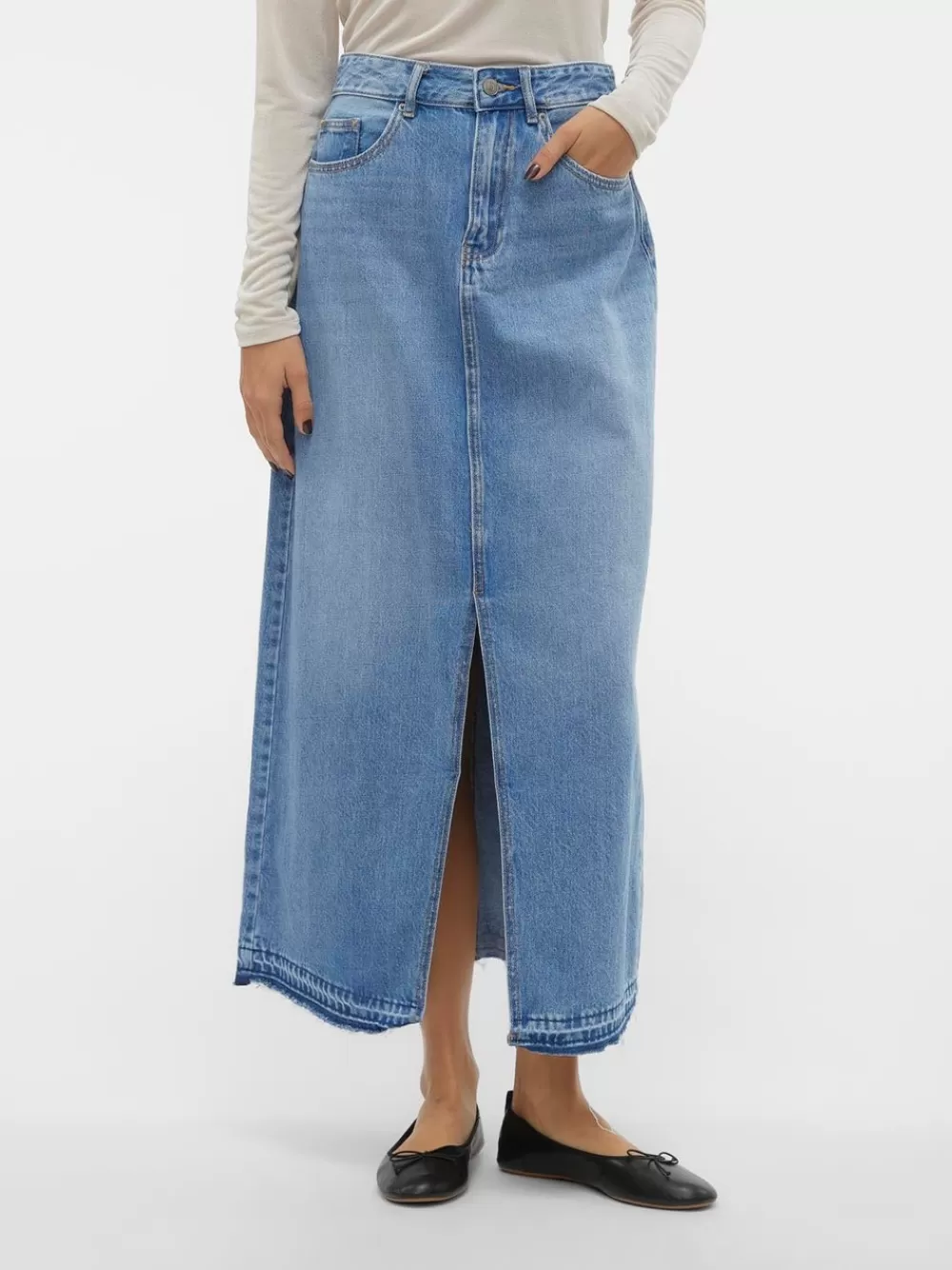 VERO MODA VMZAYLA Korkea vyötärö Pitkä hame Medium Blue Denim Best Sale